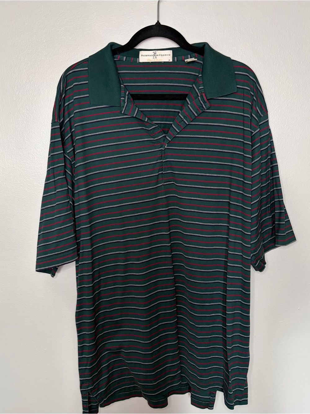 Fairway & Greene Striped Green Polo with Red and Gray Stripes 100% Cotton SZ XL